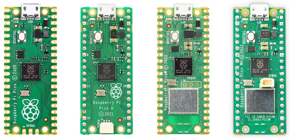 A photograph of 4 Raspberry Pi Pico Boards arranged in a row.