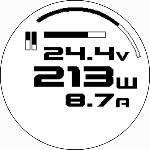 A 240x240 pixel (so low res) image of a slightly sci-fiesque looking circular display showing so linear and curved bars, 24.4 volts, in bigger font 213w and 8.7A.